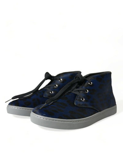 Dolce &amp; Gabbana Blauwe Kalfsleren Luipaard Mid Top Sneakers Schoenen