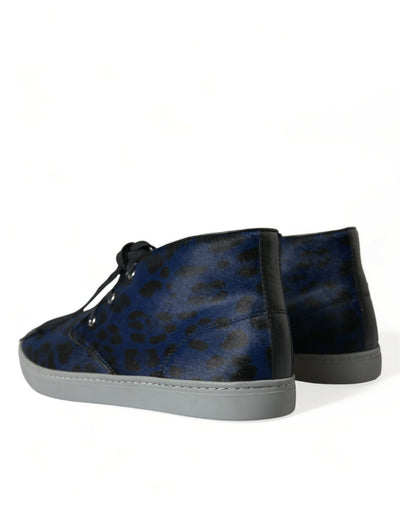 Dolce &amp; Gabbana Blauwe Kalfsleren Luipaard Mid Top Sneakers Schoenen