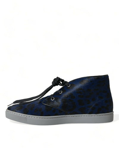 Dolce &amp; Gabbana Blauwe Kalfsleren Luipaard Mid Top Sneakers Schoenen
