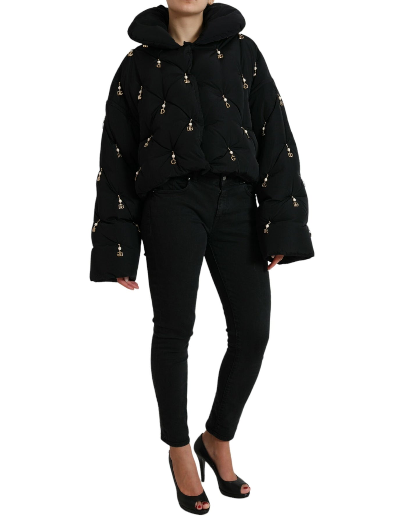 Dolce &amp; Gabbana Zwart Versierd Gewatteerd Shell Bomberjack