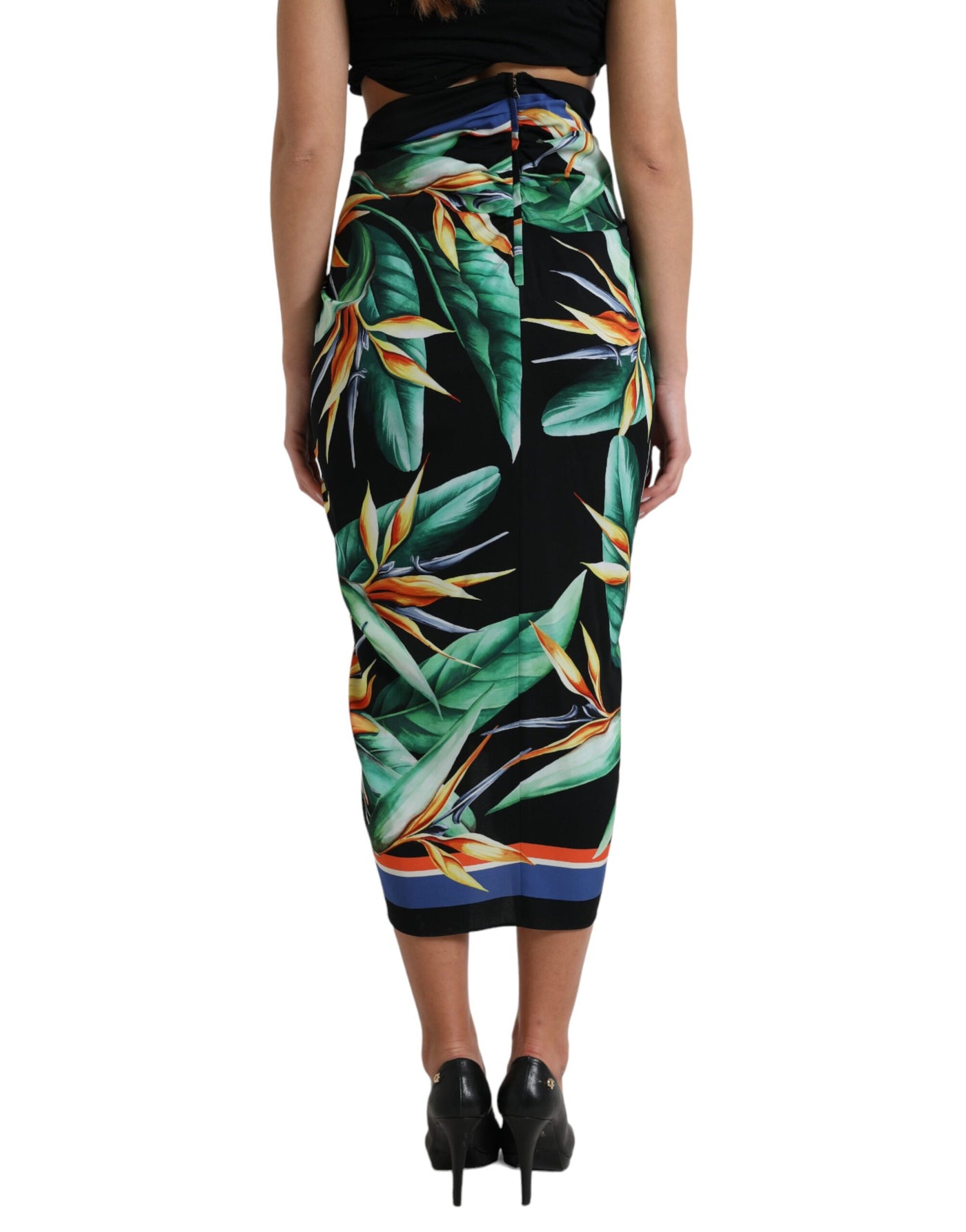 Jupe portefeuille mi-longue taille haute noire Strelitzia de Dolce &amp; Gabbana