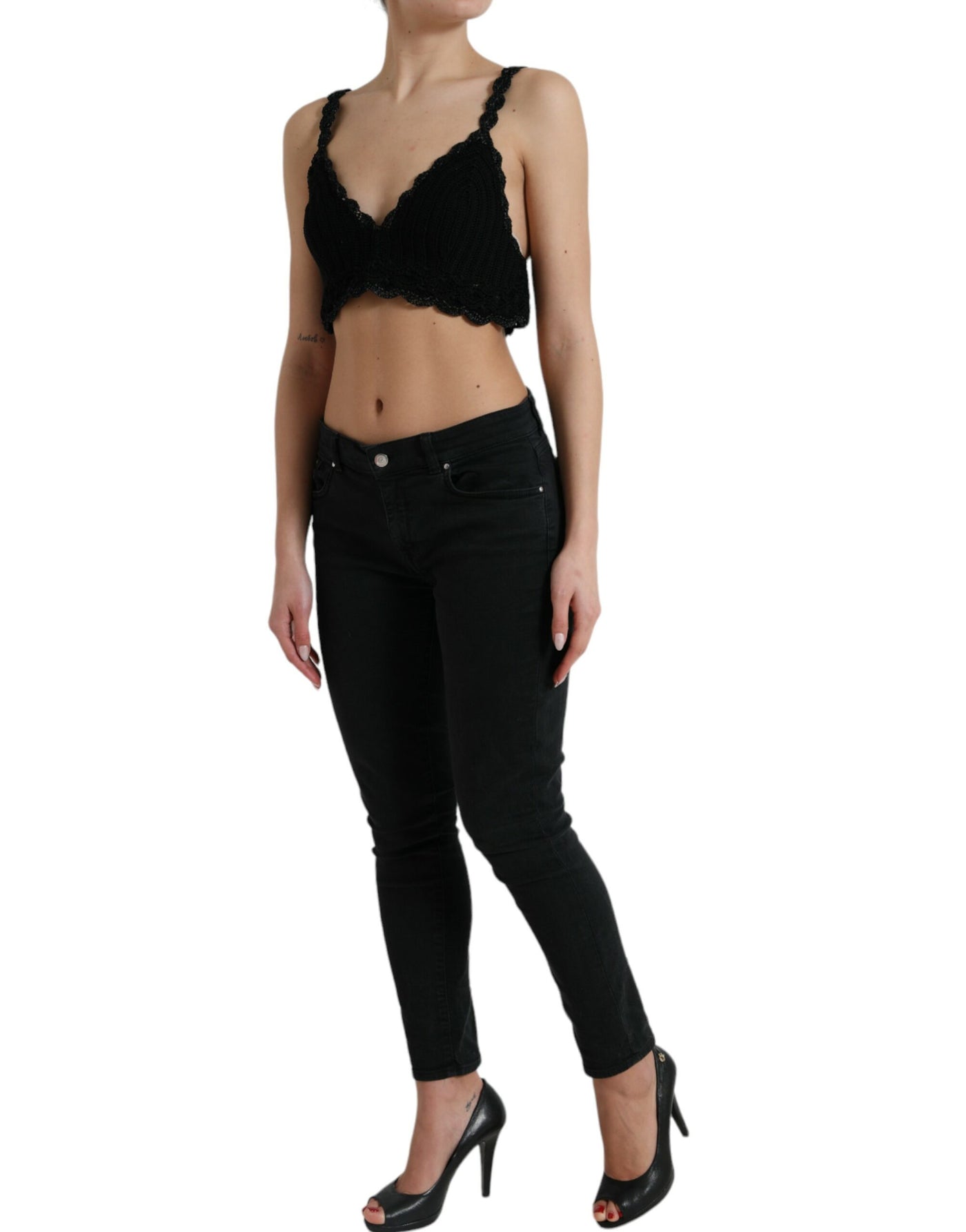 Dolce &amp; Gabbana Zwarte Katoenen Bustier Cropped Gehaakte Tanktop