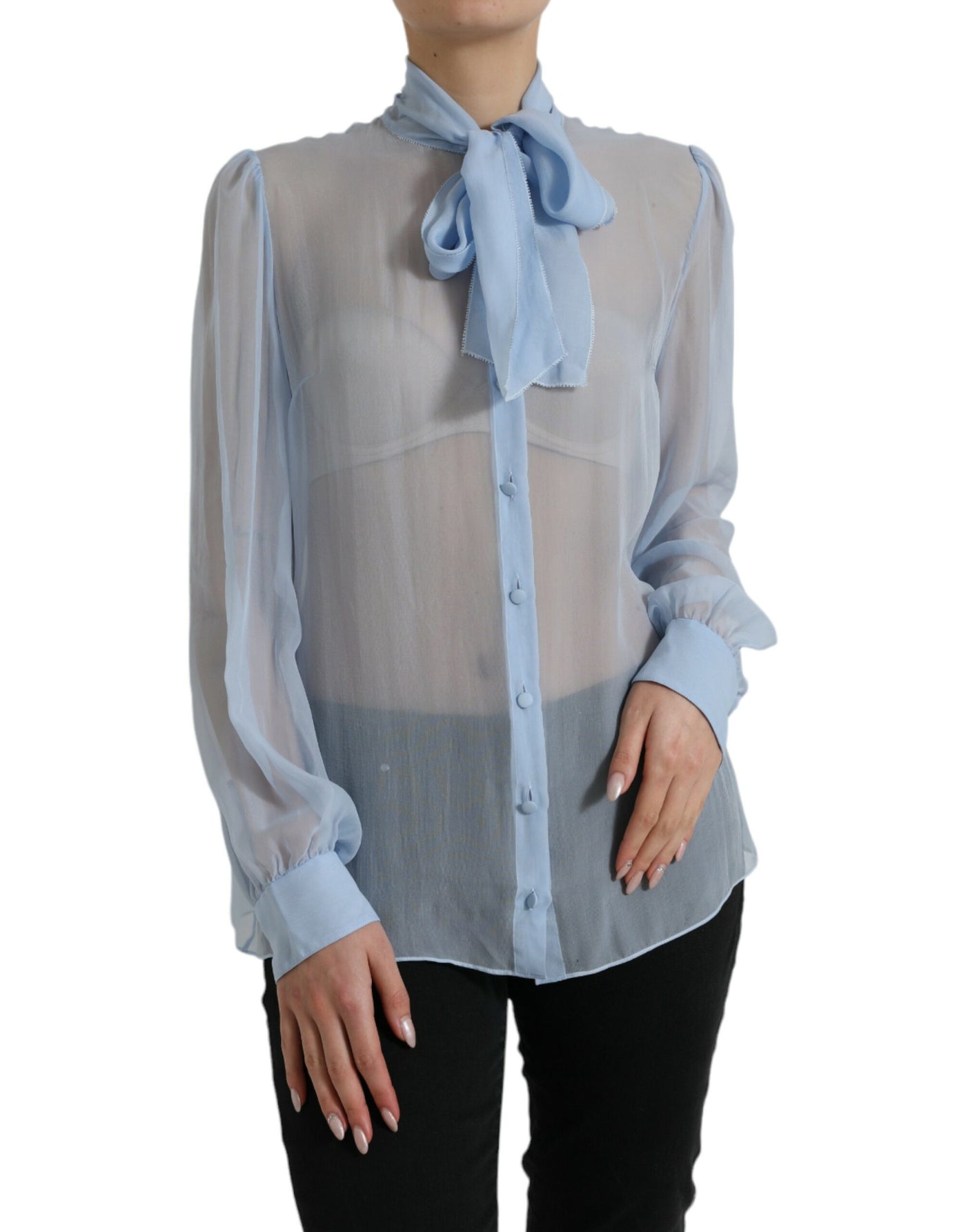 Dolce &amp; Gabbana Blauwe Blouse Top met Lange Mouwen en Ascot Kraag