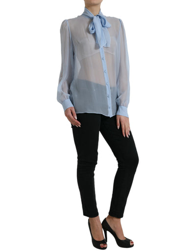 Dolce &amp; Gabbana Blauwe Blouse Top met Lange Mouwen en Ascot Kraag