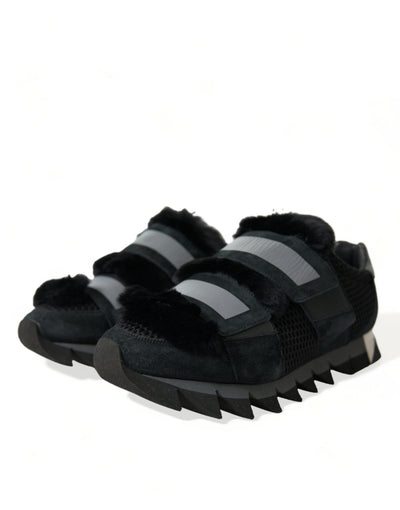 Dolce &amp; Gabbana zwarte suède sneakers met bontversiering