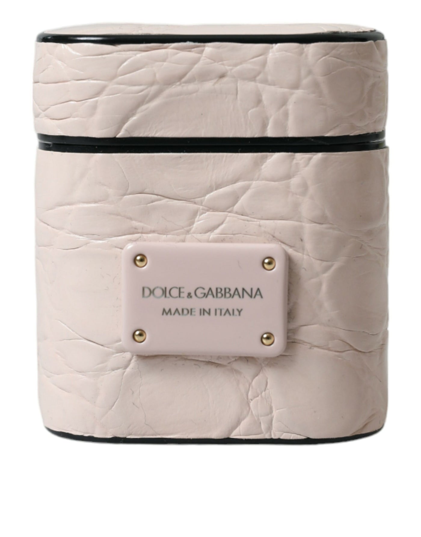 Étui pour Airpods Dolce &amp; Gabbana en cuir de veau rose clair avec plaque métallique et logo