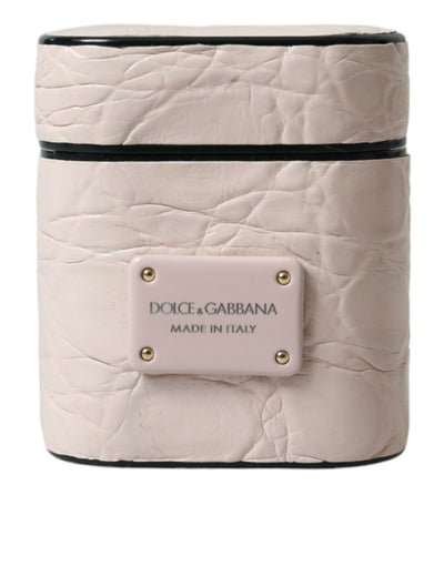 Étui pour Airpods Dolce &amp; Gabbana en cuir de veau rose clair avec plaque métallique et logo