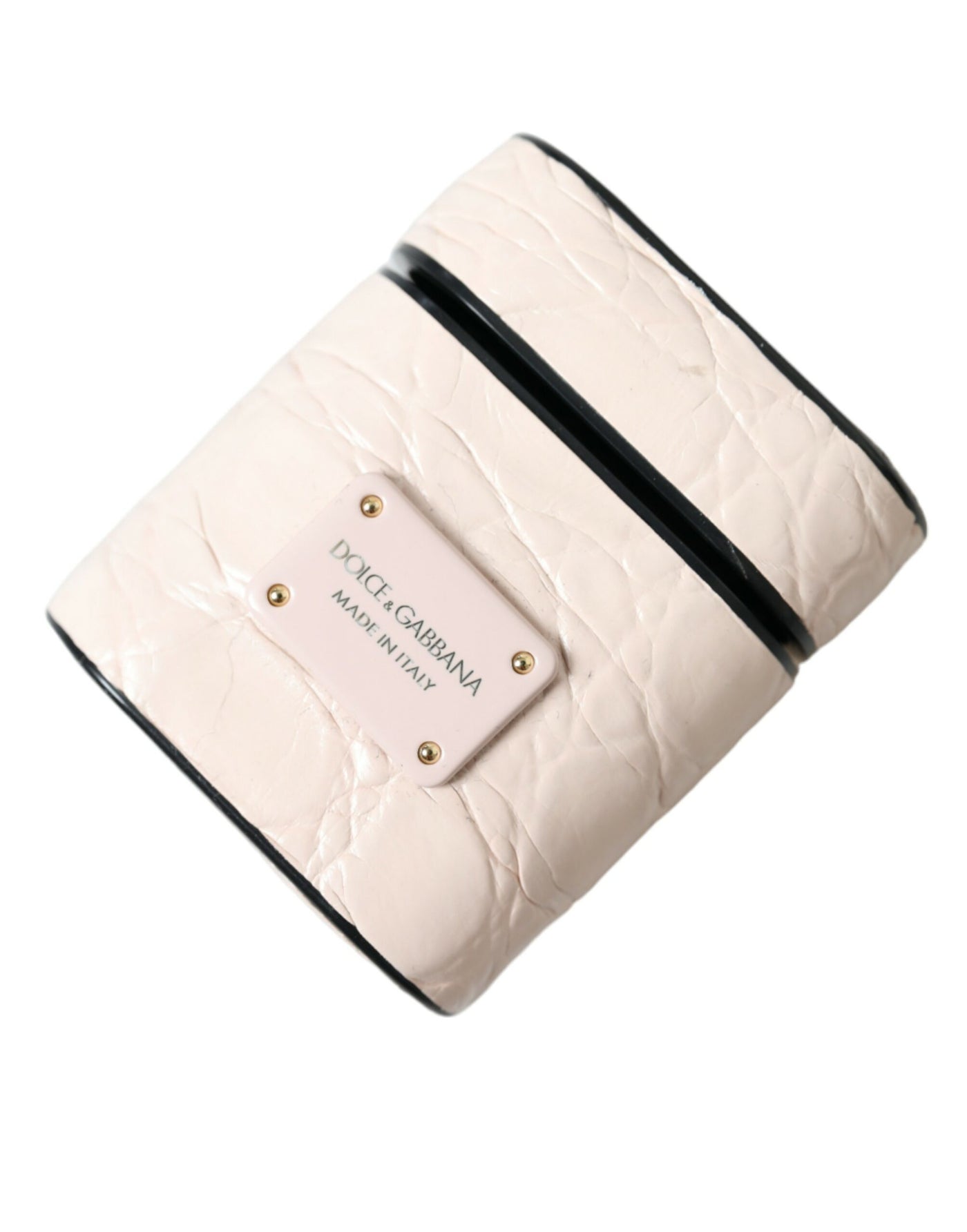 Étui pour Airpods Dolce &amp; Gabbana en cuir de veau rose clair avec plaque métallique et logo