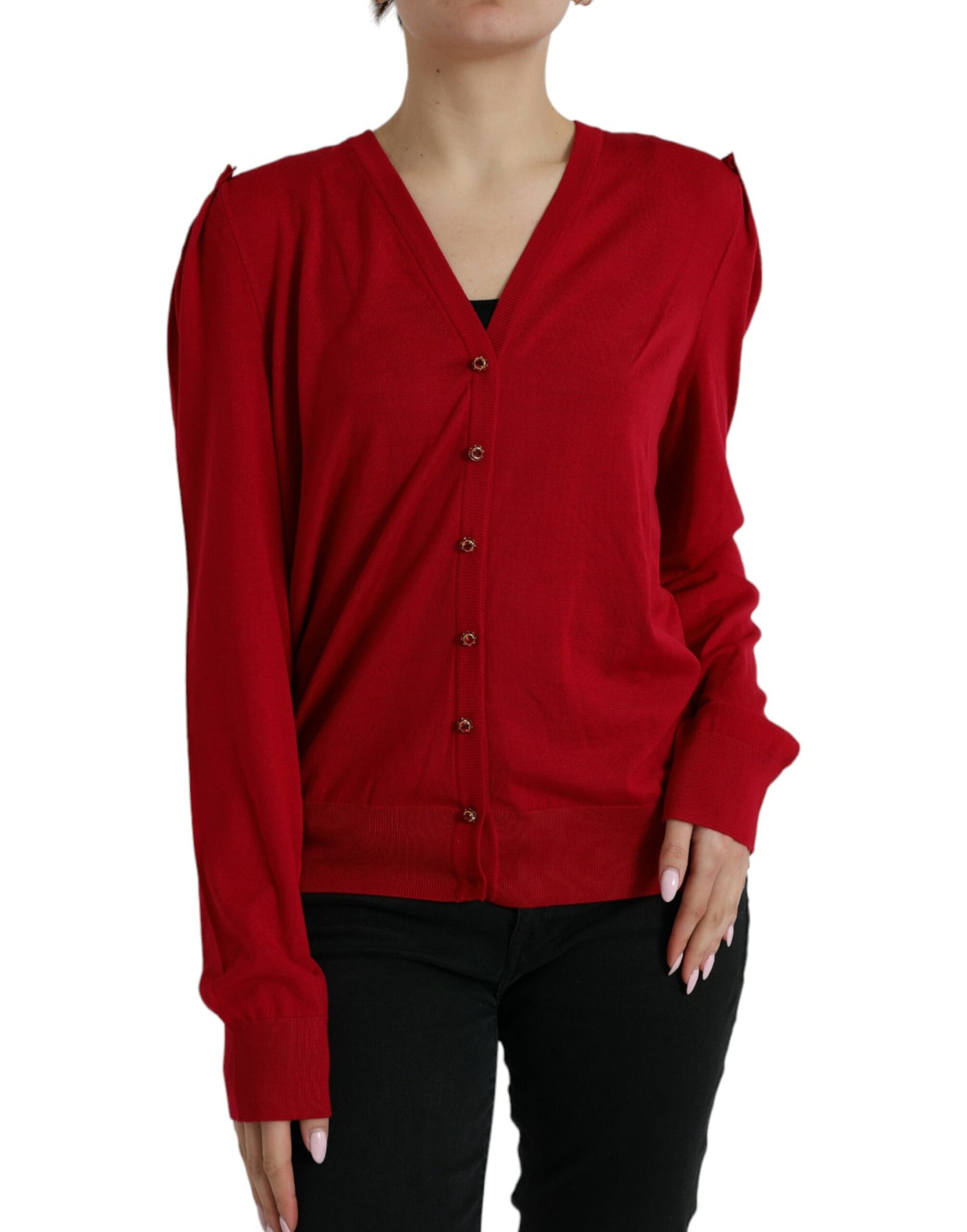 Pull cardigan boutonné à col en V en laine rouge Dolce &amp; Gabbana