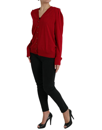 Pull cardigan boutonné à col en V en laine rouge Dolce &amp; Gabbana