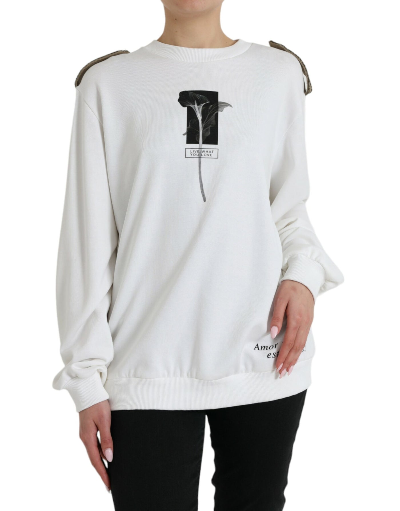 Dolce & Gabbana White Floral Cotton Crew Neck Pullover Sweater