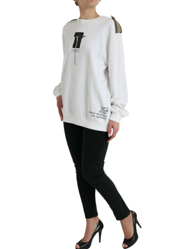 Dolce & Gabbana White Floral Cotton Crew Neck Pullover Sweater