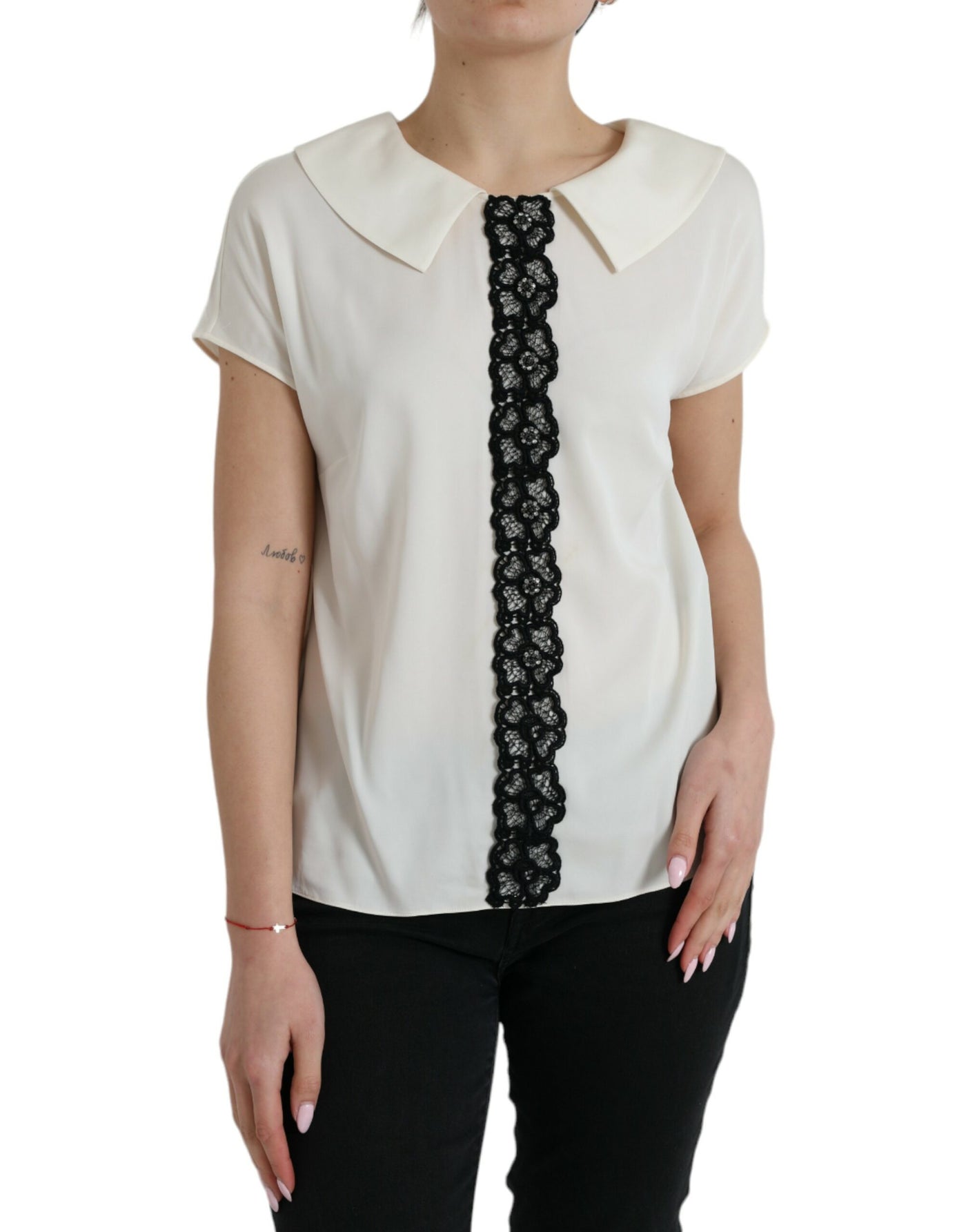 Dolce &amp; Gabbana Off White Zijden Kanten Top met Korte Mouwen
