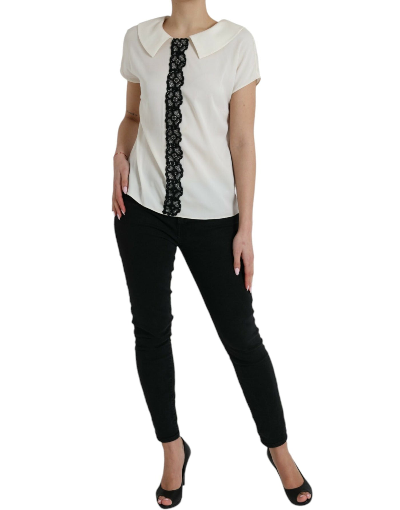 Dolce &amp; Gabbana Off White Zijden Kanten Top met Korte Mouwen