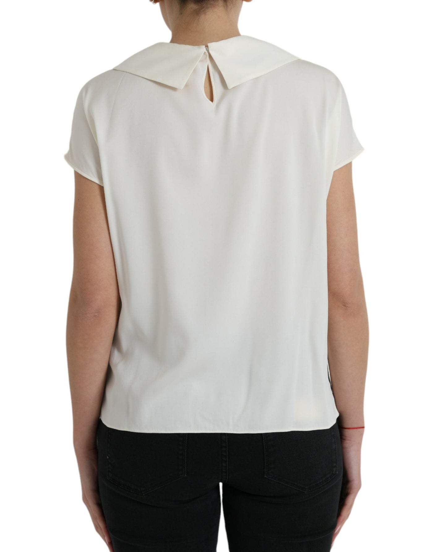 Dolce &amp; Gabbana Off White Zijden Kanten Top met Korte Mouwen
