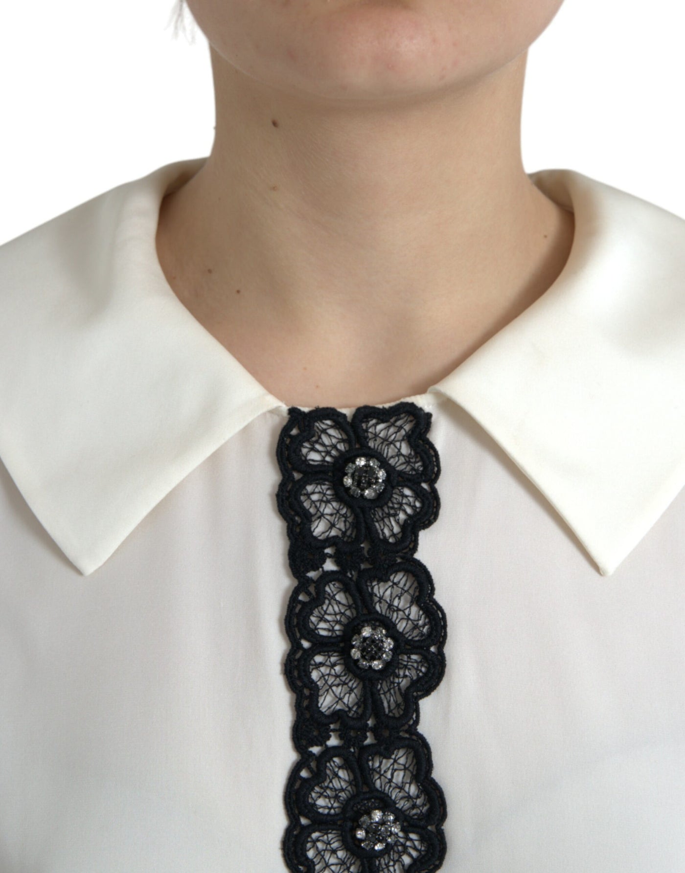 Dolce &amp; Gabbana Off White Zijden Kanten Top met Korte Mouwen
