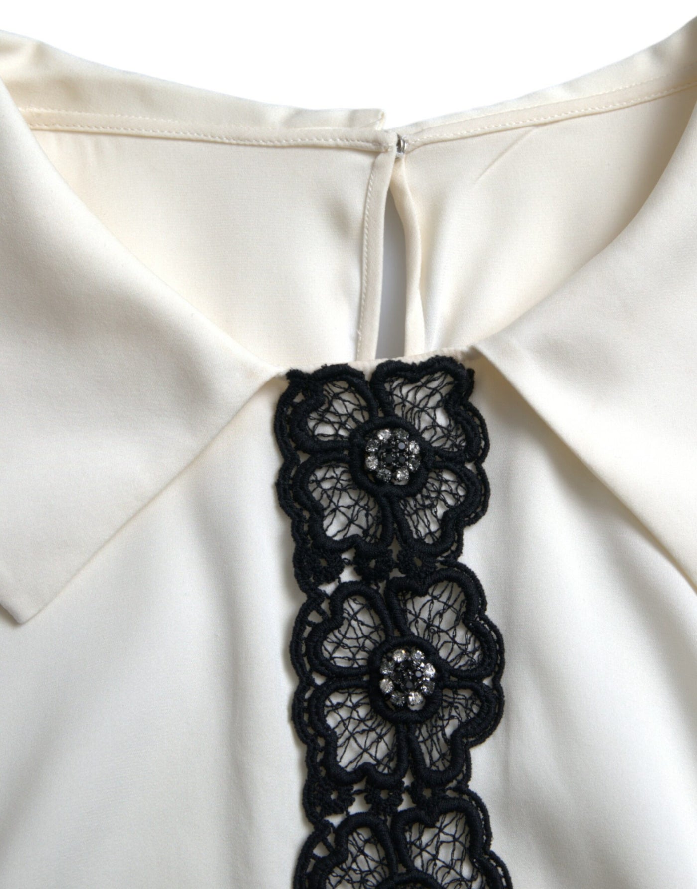 Dolce &amp; Gabbana Off White Zijden Kanten Top met Korte Mouwen