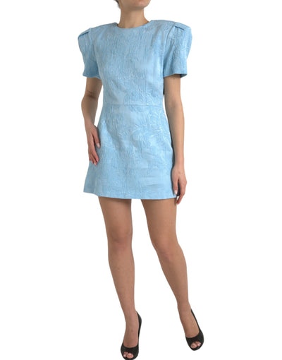 Mini-robe à manches bouffantes en jacquard floral bleu clair Dolce &amp; Gabbana