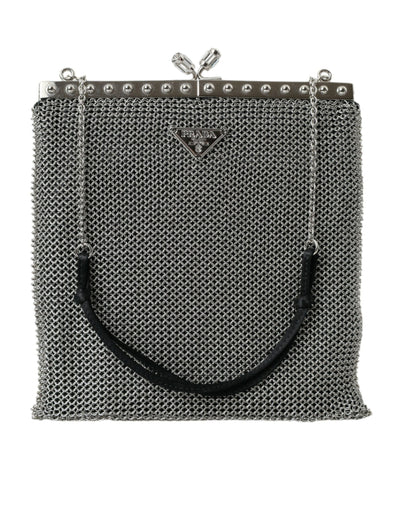 Prada Gray Chain Metal Mesh Logo Plaque Bandoliera Shoulder Bag