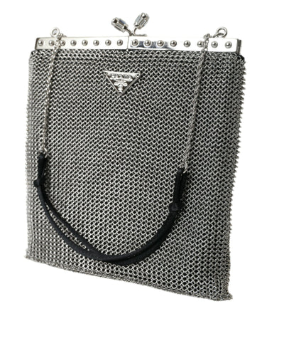 Prada Gray Chain Metal Mesh Logo Plaque Bandoliera Shoulder Bag