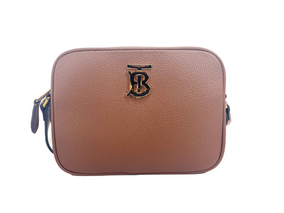 Burberry Kleine leren bruine cameratas met logo en TB-logo