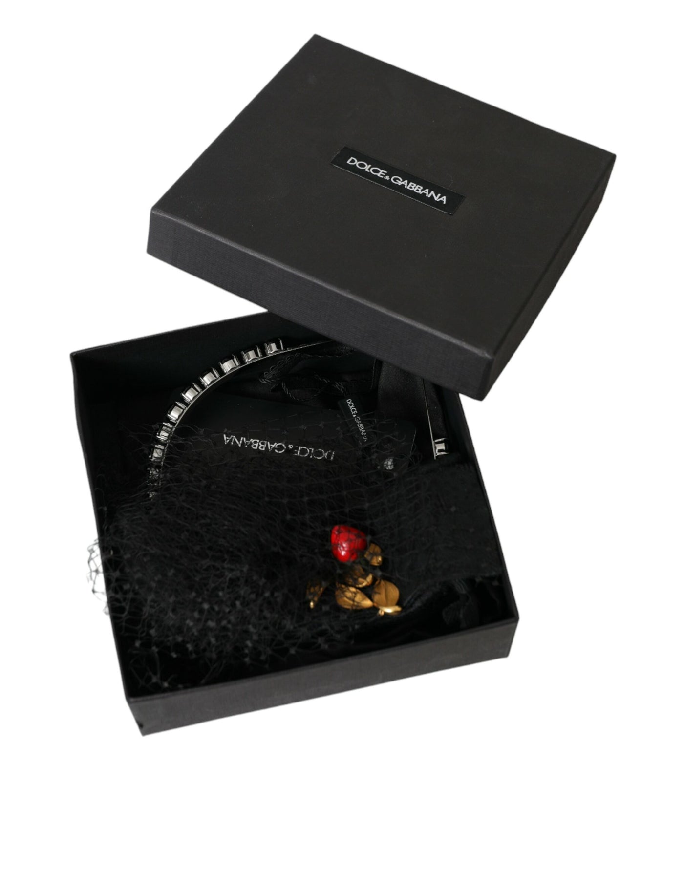 Dolce &amp; Gabbana Black Strawberry Sicily Crystal Mesh Net Hoofdband Diadeem