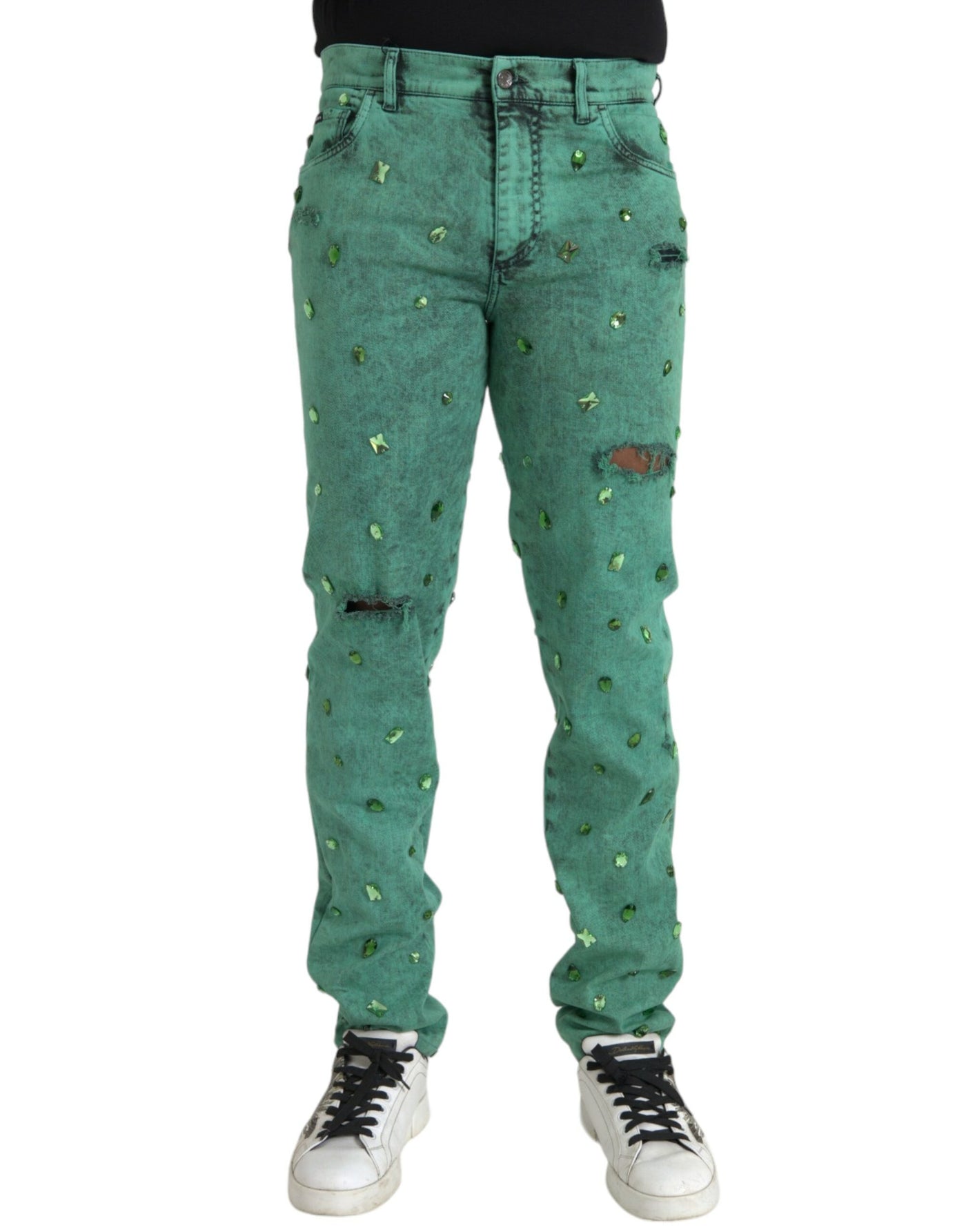 Jean slim en coton stretch à cristaux verts Dolce &amp; Gabbana