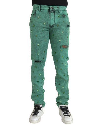 Jean slim en coton stretch à cristaux verts Dolce &amp; Gabbana