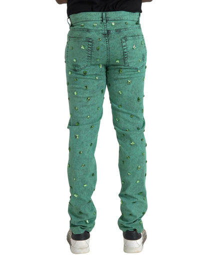 Jean slim en coton stretch à cristaux verts Dolce &amp; Gabbana