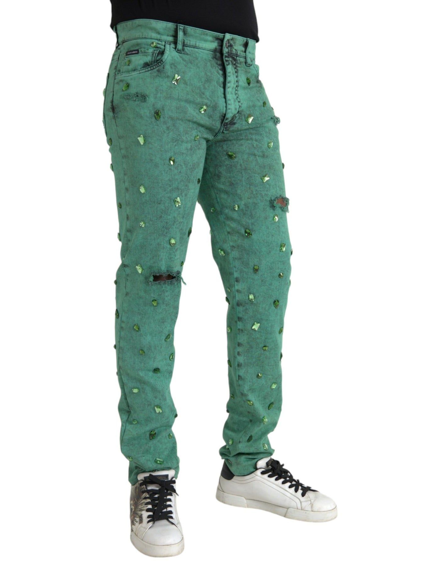 Jean slim en coton stretch à cristaux verts Dolce &amp; Gabbana