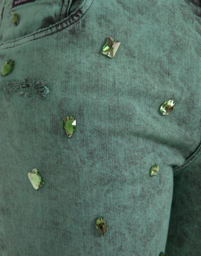 Jean slim en coton stretch à cristaux verts Dolce &amp; Gabbana