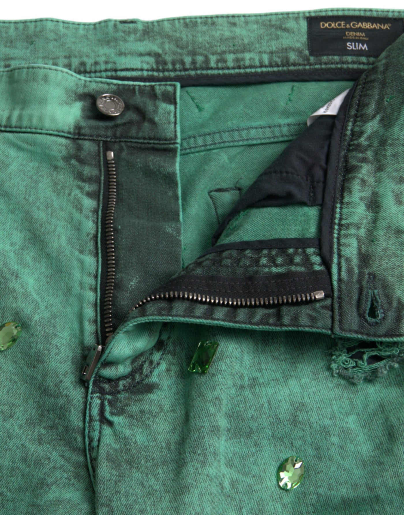 Jean slim en coton stretch à cristaux verts Dolce &amp; Gabbana