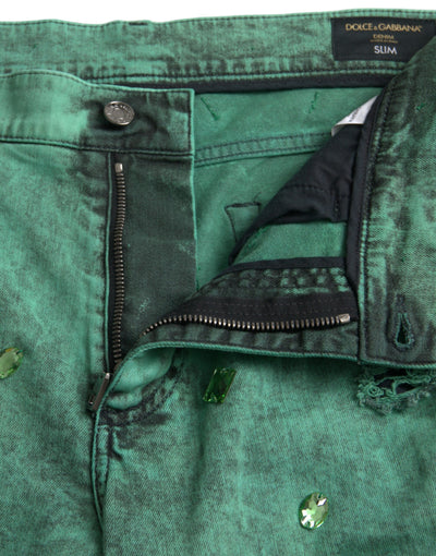 Jean slim en coton stretch à cristaux verts Dolce &amp; Gabbana