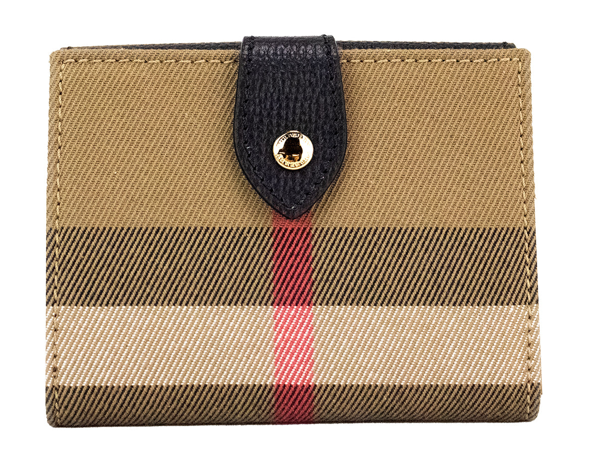 Burberry Luna Zwart Geruit Canvas Portemonnee met Muntvakje en Drukknopen