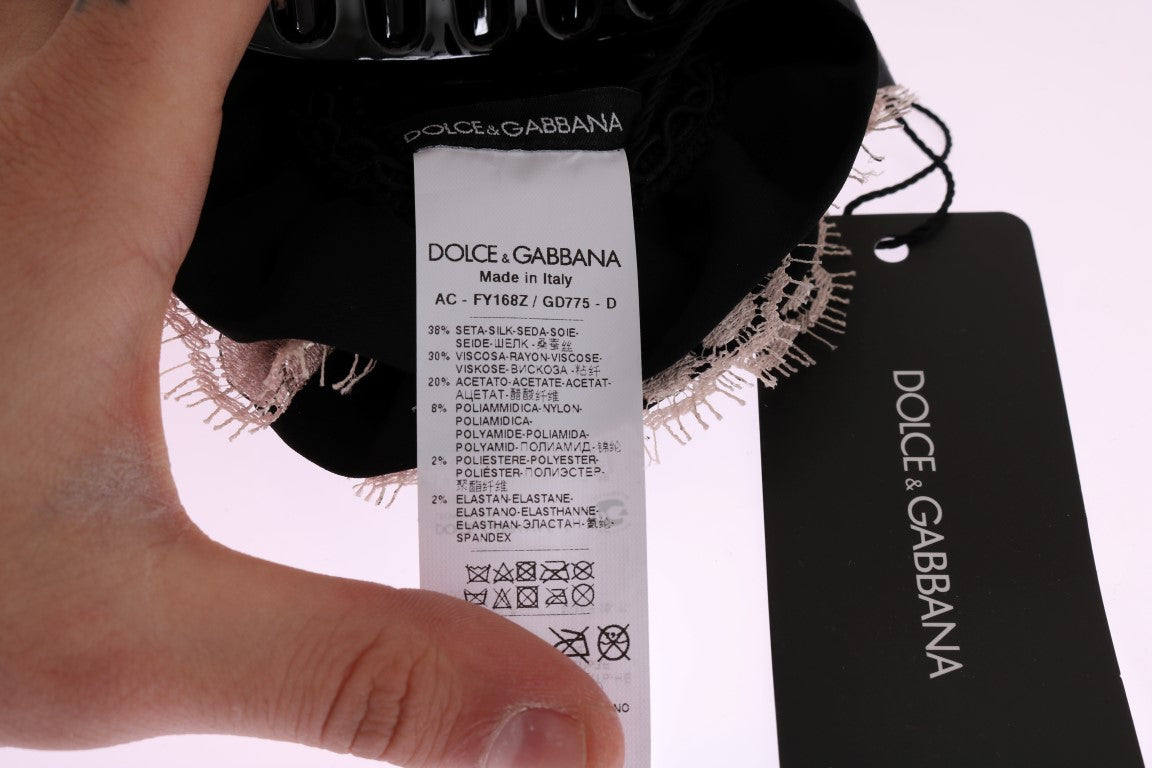 Dolce &amp; Gabbana Zwarte Zijden Roze Bloemenkant Haarklem