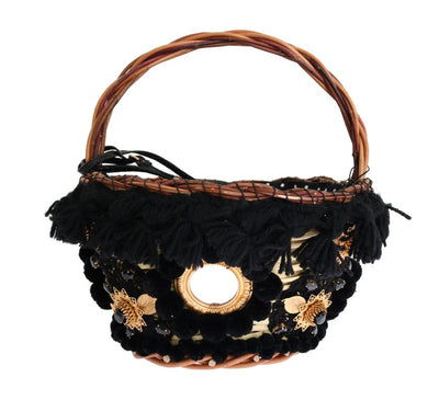 Dolce &amp; Gabbana Beige Straw Snakeskin Pom Pom Crystal AGNESE Tas