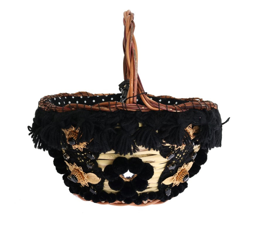 Dolce &amp; Gabbana Beige Straw Snakeskin Pom Pom Crystal AGNESE Tas