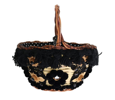 Dolce &amp; Gabbana Beige Straw Snakeskin Pom Pom Crystal AGNESE Tas