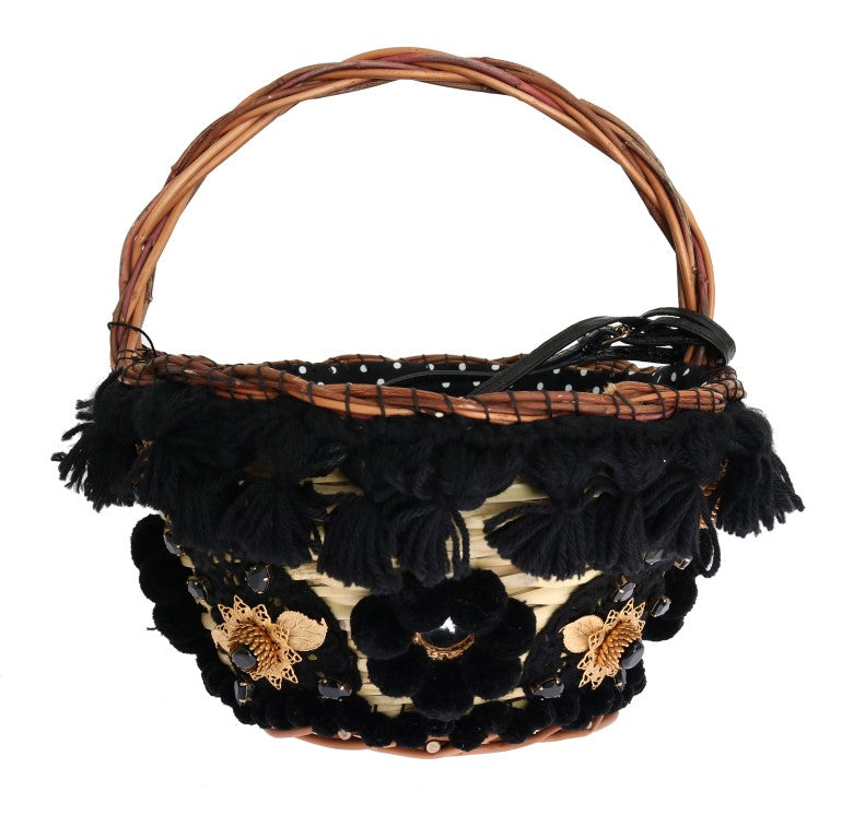 Dolce &amp; Gabbana Beige Straw Snakeskin Pom Pom Crystal AGNESE Tas