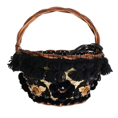 Dolce &amp; Gabbana Beige Straw Snakeskin Pom Pom Crystal AGNESE Tas