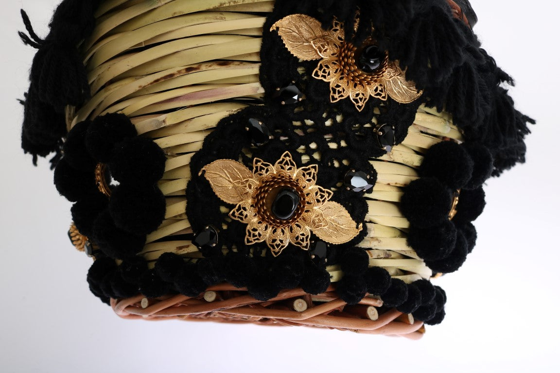 Dolce &amp; Gabbana Beige Straw Snakeskin Pom Pom Crystal AGNESE Tas