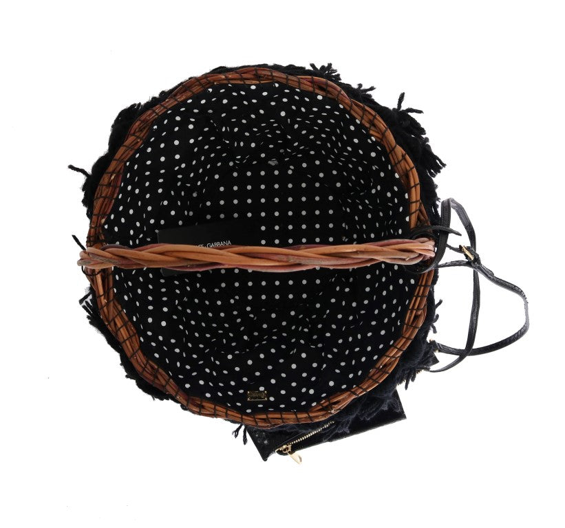 Dolce &amp; Gabbana Beige Straw Snakeskin Pom Pom Crystal AGNESE Tas