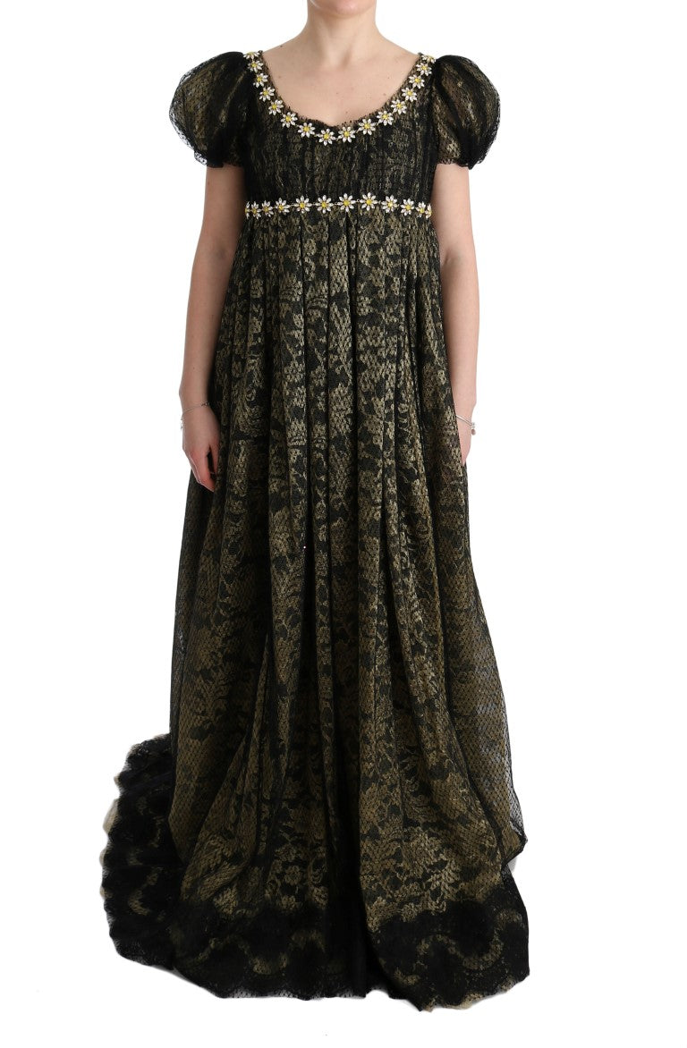 Robe droite en dentelle noire et jaune à cristaux Dolce &amp; Gabbana