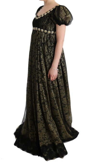 Robe droite en dentelle noire et jaune à cristaux Dolce &amp; Gabbana