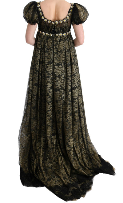 Robe droite en dentelle noire et jaune à cristaux Dolce &amp; Gabbana