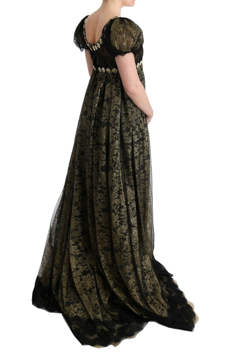 Robe droite en dentelle noire et jaune à cristaux Dolce &amp; Gabbana