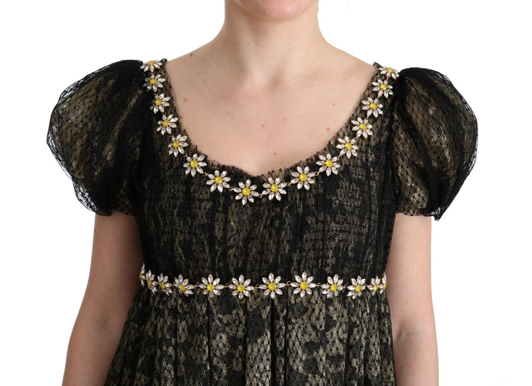 Robe droite en dentelle noire et jaune à cristaux Dolce &amp; Gabbana