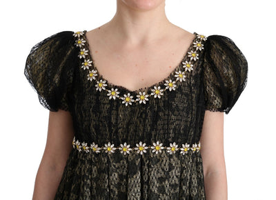 Robe droite en dentelle noire et jaune à cristaux Dolce &amp; Gabbana