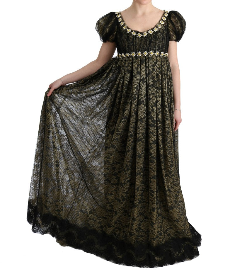 Robe droite en dentelle noire et jaune à cristaux Dolce &amp; Gabbana