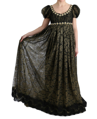 Robe droite en dentelle noire et jaune à cristaux Dolce &amp; Gabbana
